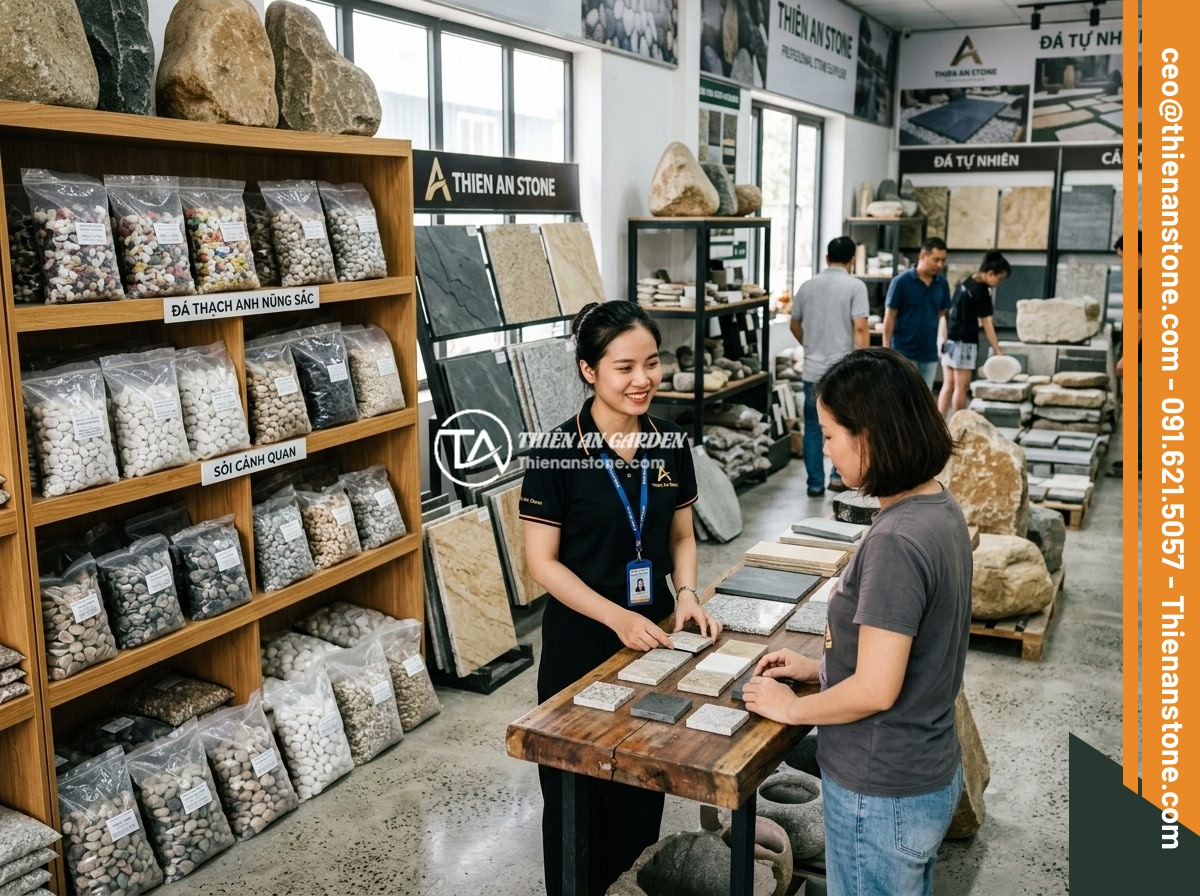 Đá Thạch Anh Ngũ Sắc Rải Mộ - Ý Nghĩa Phong Thủy Và Hướng Dẫn Chi Tiết - A professional stone supplier showroom displaying bags of five-color quartz ston