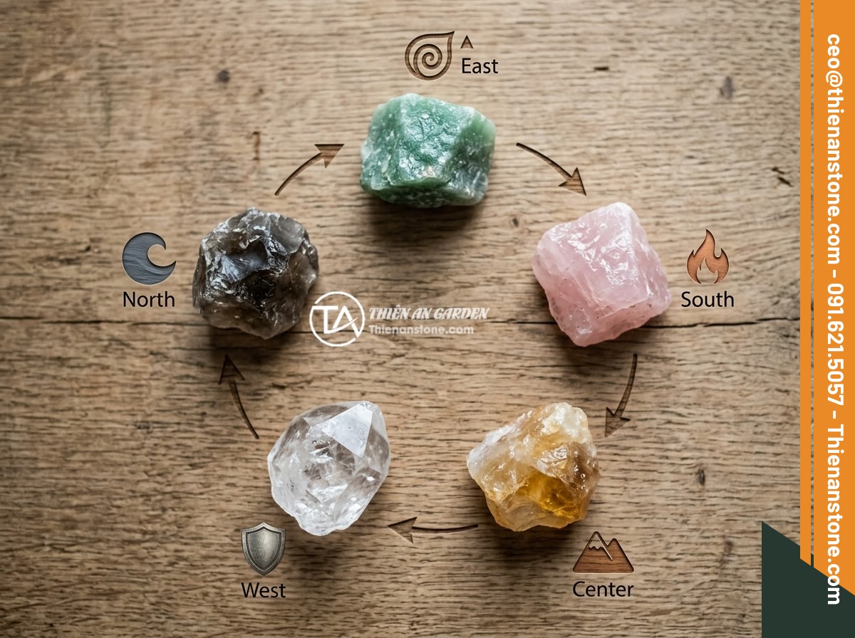 Đá Thạch Anh Ngũ Sắc Rải Mộ - Ý Nghĩa Phong Thủy Và Hướng Dẫn Chi Tiết - An infographic-style flat lay photo showing five types of quartz crystals arrang