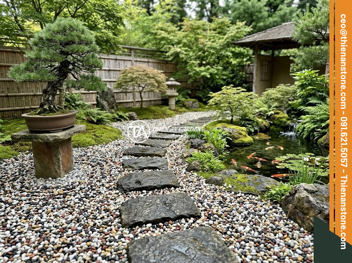 Đá Thạch Anh Ngũ Sắc Rải Mộ - Ý Nghĩa Phong Thủy Và Hướng Dẫn Chi Tiết - A beautiful Japanese-style zen garden with five-color quartz stones used as deco