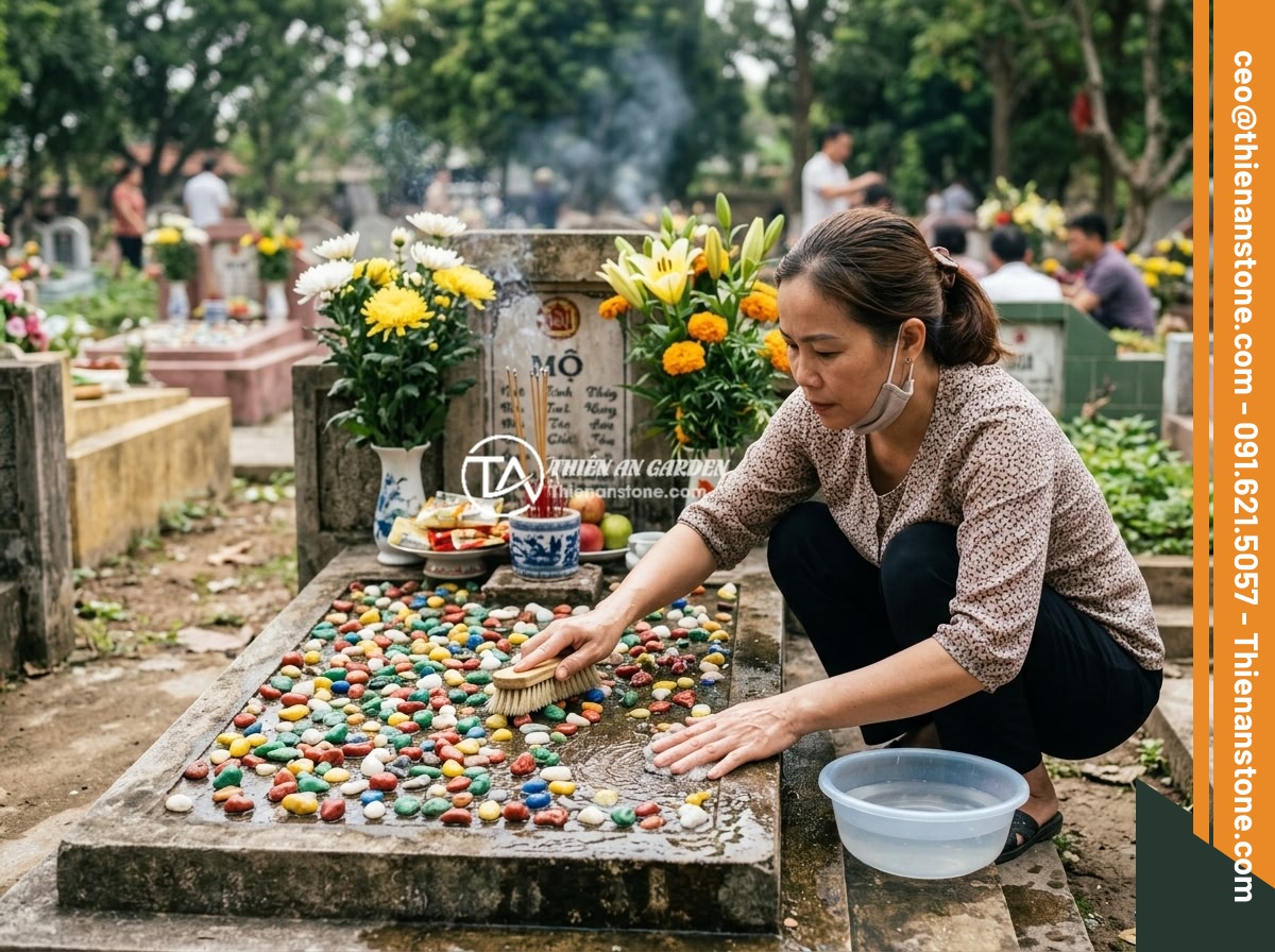 Đá Thạch Anh Ngũ Sắc Rải Mộ - Ý Nghĩa Phong Thủy Và Hướng Dẫn Chi Tiết - A person gently cleaning and washing five-color quartz stones on a Vietnamese gr