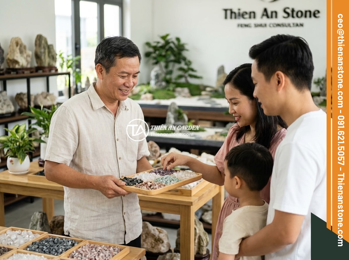 Đá Thạch Anh Vụn Hợp Mệnh Thủy Mộc Không? Tác Dụng Tăng Vận Khí Gia Đình - Hình 12 Đá Thạch Anh Vụn Hợp Mệnh Thủy Mộc Không? Tác Dụng Tăng Vận Khí Gia Đình - A friendly feng shui consultant from Thien An Stone showing different types of c