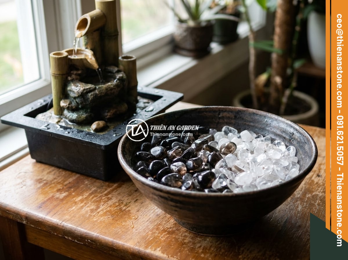 Đá Thạch Anh Vụn Hợp Mệnh Thủy Mộc Không? Tác Dụng Tăng Vận Khí Gia Đình - Hình 3 Đá Thạch Anh Vụn Hợp Mệnh Thủy Mộc Không? Tác Dụng Tăng Vận Khí Gia Đình - Black smoky quartz crushed stones and clear white quartz crushed stones arranged
