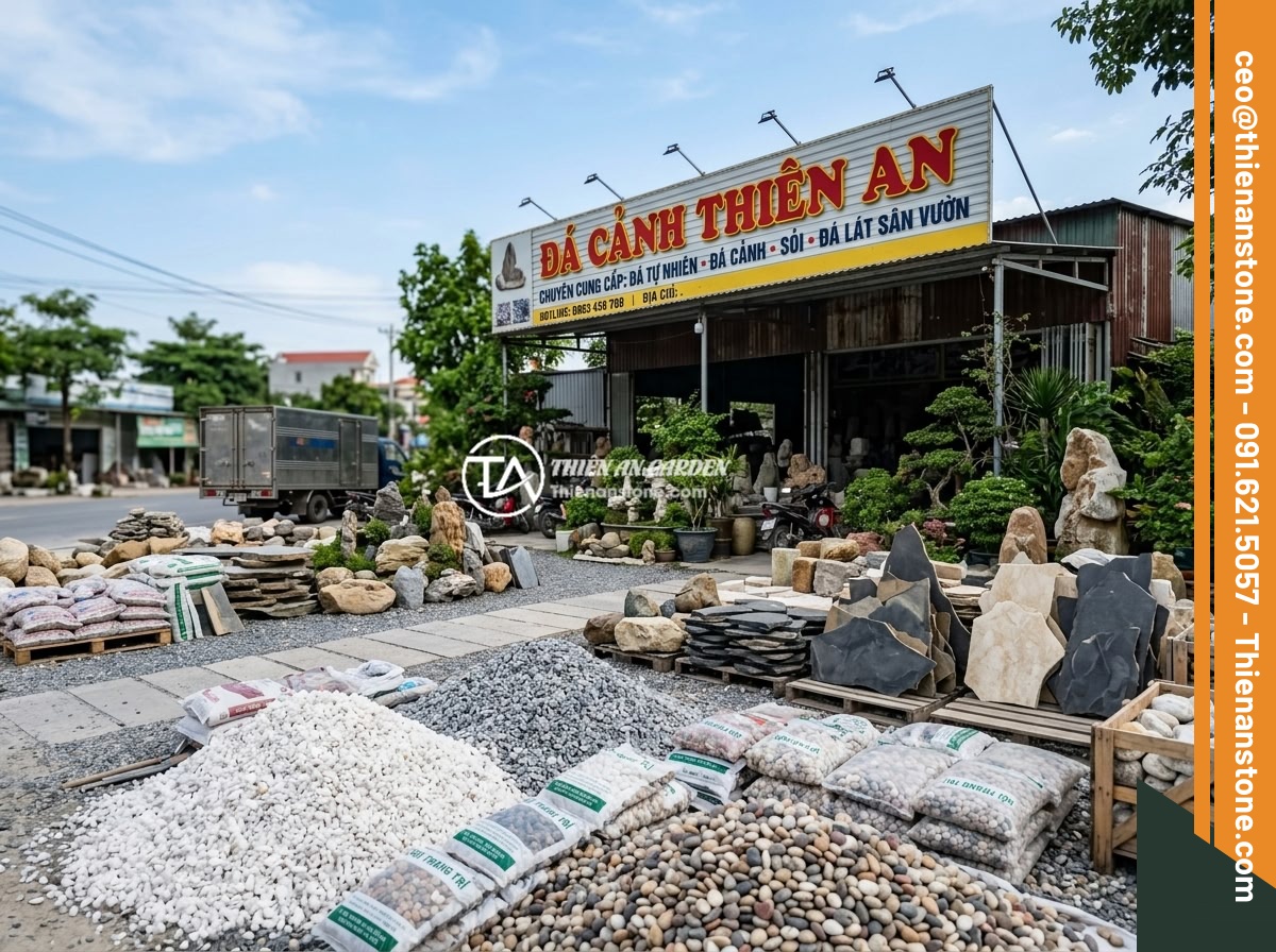 Đá Thạch Anh Vụn So Với Các Loại Đá Vụn Khác: Loại Nào Tốt Hơn Cho Phong Thủy? - Hình 11 Đá Thạch Anh Vụn So Với Các Loại Đá Vụn Khác: Loại Nào Tốt Hơn Cho Phong Thủy? - The exterior of Da Canh Thien An stone showroom displaying various types of natu