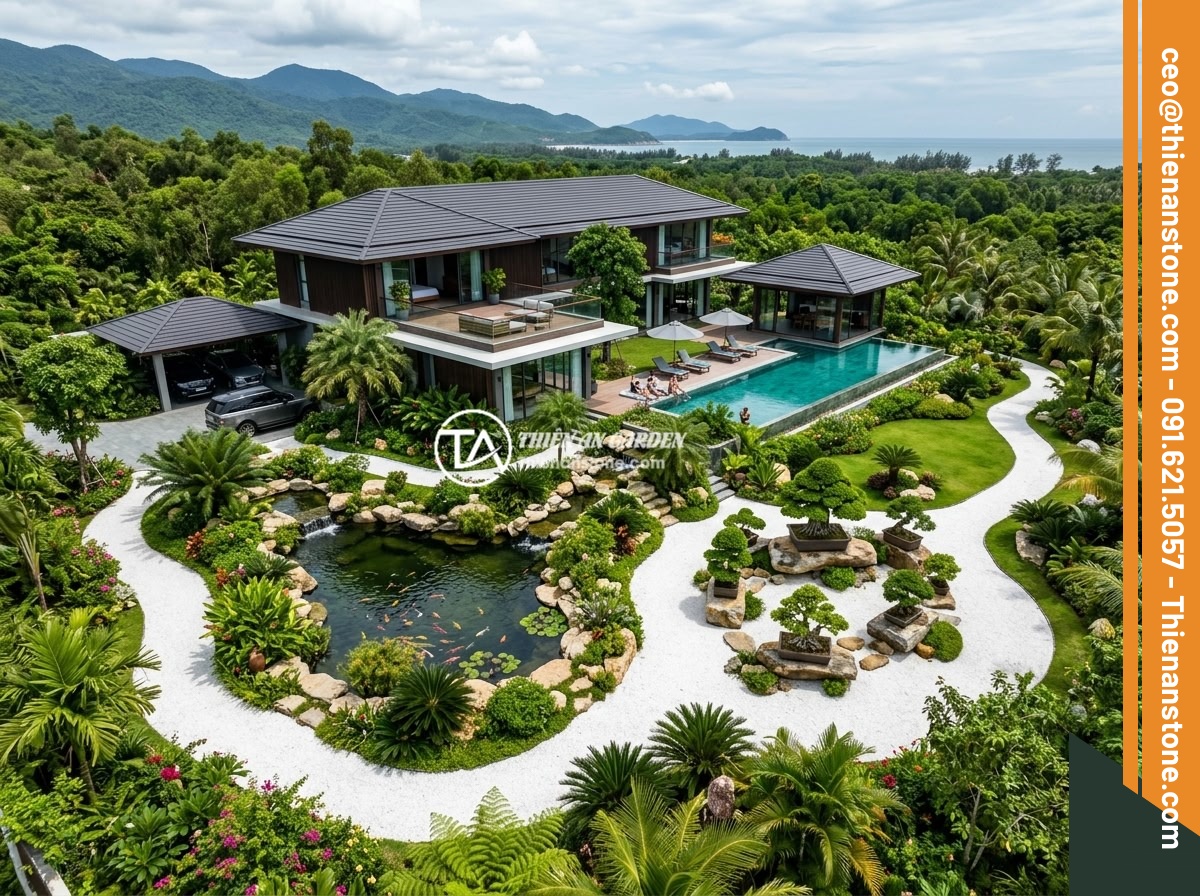 Đá Thạch Anh Vụn So Với Các Loại Đá Vụn Khác: Loại Nào Tốt Hơn Cho Phong Thủy? - Hình 9 Đá Thạch Anh Vụn So Với Các Loại Đá Vụn Khác: Loại Nào Tốt Hơn Cho Phong Thủy? - An aerial view of a modern luxury villa with extensive landscaping featuring cru
