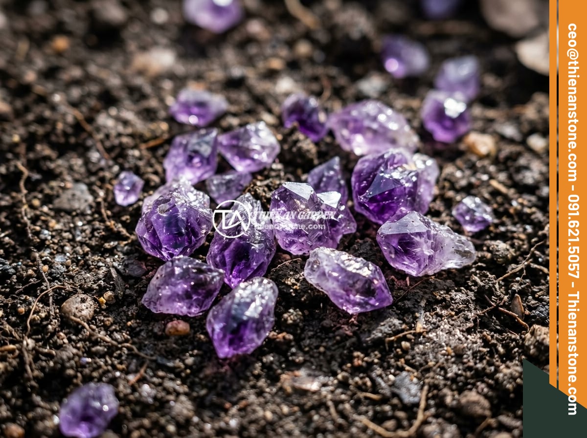 Đá thạch anh vụn tím - Hình 1 Đá thạch anh vụn tím - Close-up of crushed purple amethyst quartz crystals scattered on dark soil, show