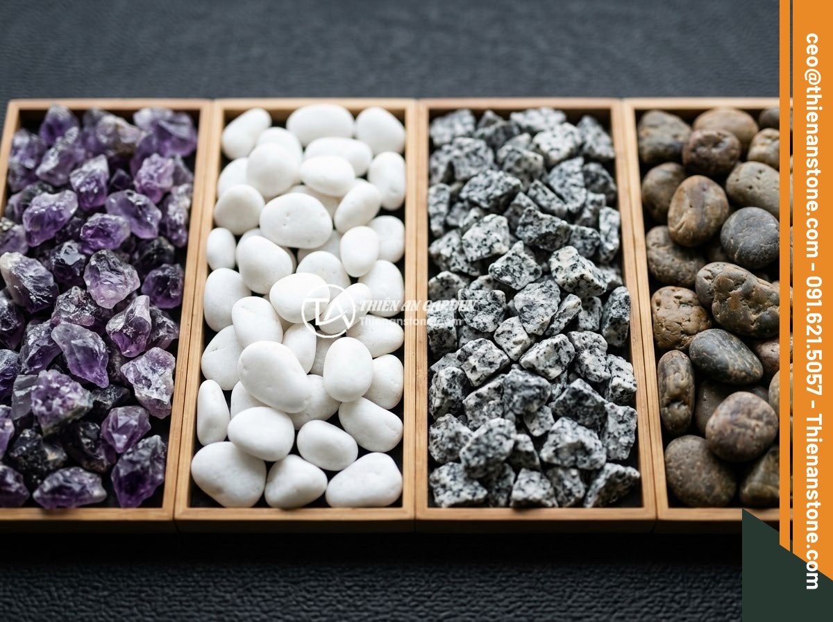 Đá thạch anh vụn tím - Hình 11 Đá thạch anh vụn tím - Side-by-side comparison display of different decorative garden stones: crushed p
