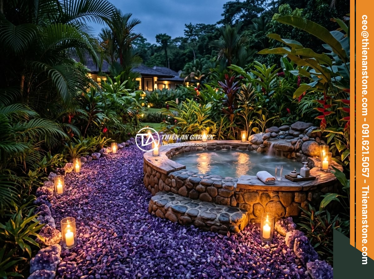Đá thạch anh vụn tím - Hình 12 Đá thạch anh vụn tím - Luxury tropical resort spa area with crushed purple amethyst quartz surrounding