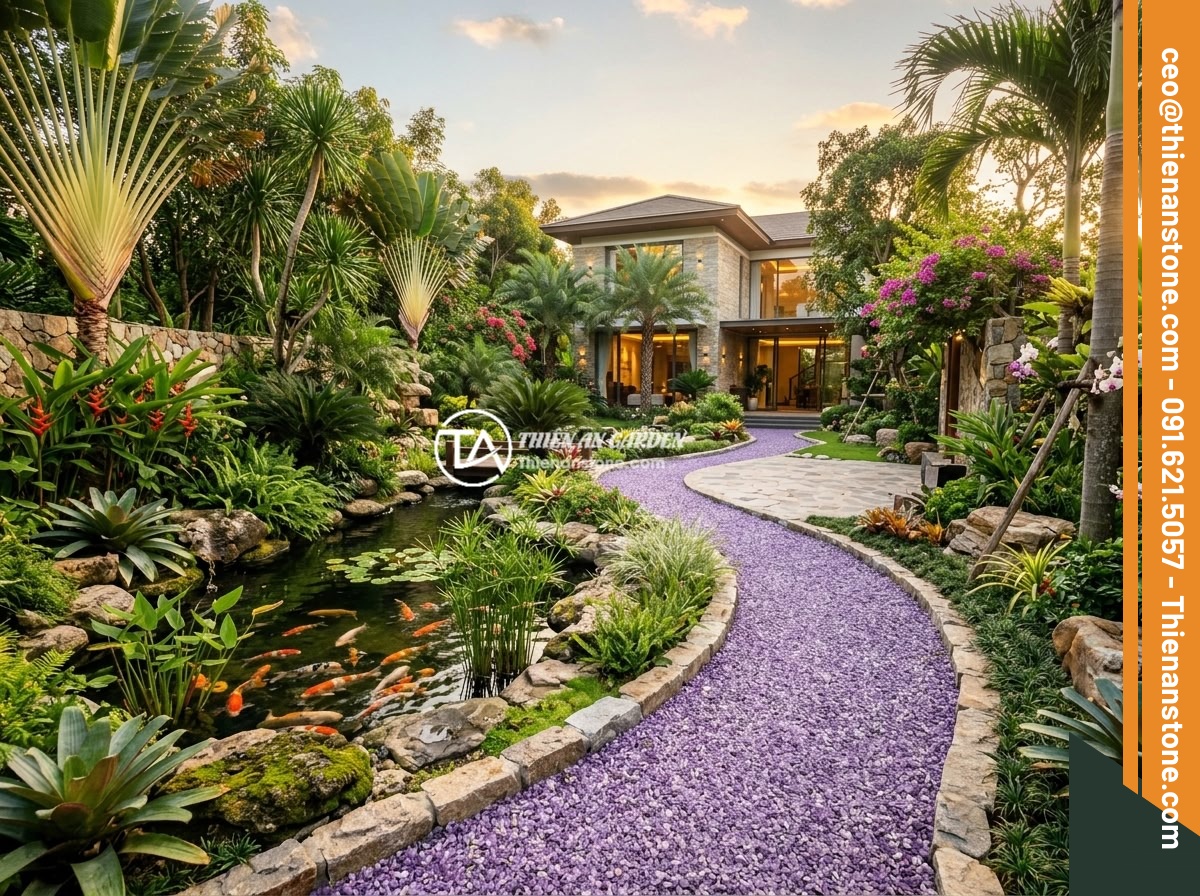 Đá thạch anh vụn tím - Hình 13 Đá thạch anh vụn tím - Elegant wide shot of a completed luxury villa garden project by Da Canh Thien An