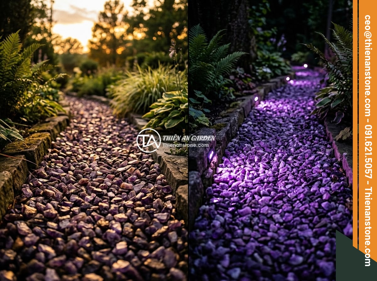 Đá thạch anh vụn tím - Hình 4 Đá thạch anh vụn tím - Split image showing crushed purple amethyst quartz in a garden setting: left sid