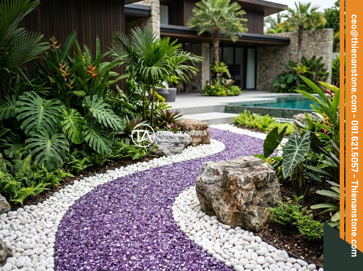 Đá thạch anh vụn tím - Hình 9 Đá thạch anh vụn tím - Garden landscape design combining crushed purple amethyst quartz with large natu