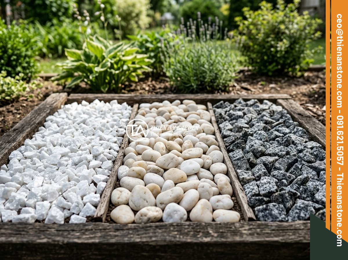 Đá thạch anh vụn trắng - Hình 10 Đá thạch anh vụn trắng - Side-by-side comparison of white crushed quartz stones, white river pebbles, and