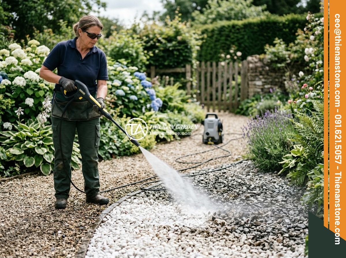 Đá thạch anh vụn trắng - Hình 12 Đá thạch anh vụn trắng - A gardener using a pressure washer to clean white crushed quartz stones in a gar
