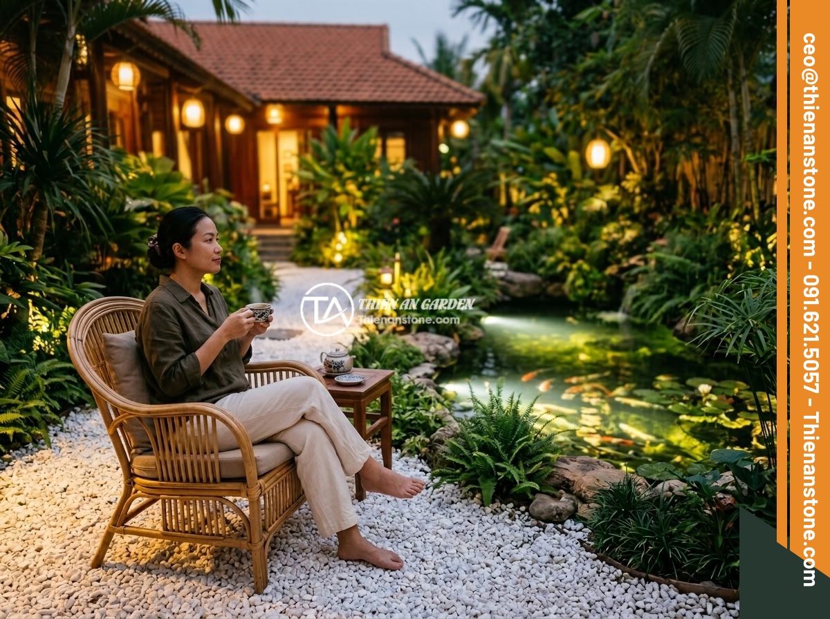 Đá thạch anh vụn trắng - Hình 13 Đá thạch anh vụn trắng - A peaceful evening scene of a Vietnamese villa garden with warm ambient lighting