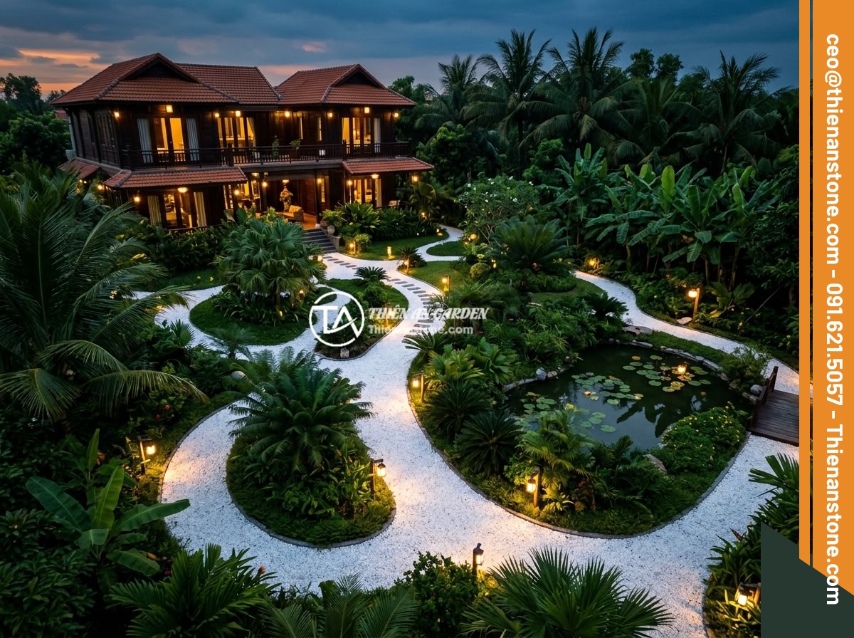 Đá thạch anh vụn trắng - Hình 2 Đá thạch anh vụn trắng - Aerial view of a luxury Vietnamese villa garden at dusk, showing winding pathway