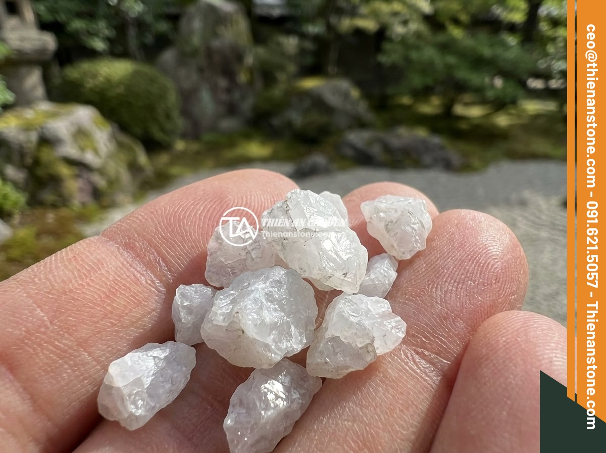 Đá thạch anh vụn trắng - Hình 3 Đá thạch anh vụn trắng - Extreme close-up of a hand gently holding white crushed quartz stones, showing t