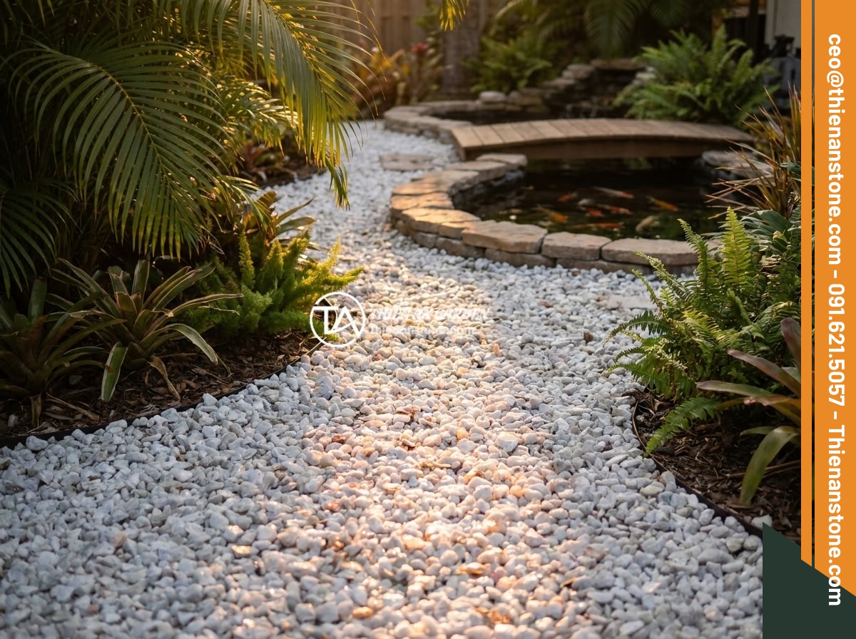 Đá thạch anh vụn trắng - Hình 4 Đá thạch anh vụn trắng - A luxury garden pathway covered with white crushed quartz stones photographed du