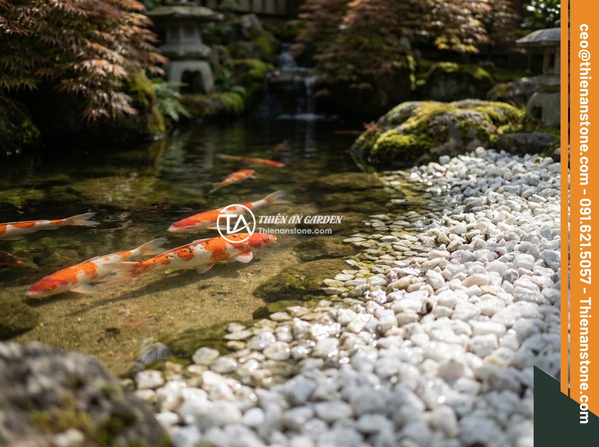 Đá thạch anh vụn trắng - Hình 5 Đá thạch anh vụn trắng - A beautifully designed Koi pond with white crushed quartz stone border, orange a