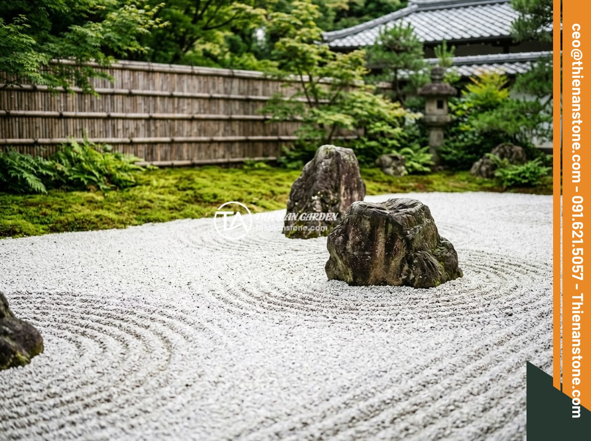 Đá thạch anh vụn trắng - Hình 6 Đá thạch anh vụn trắng - A serene Japanese zen garden (karesansui) featuring white crushed quartz stone r