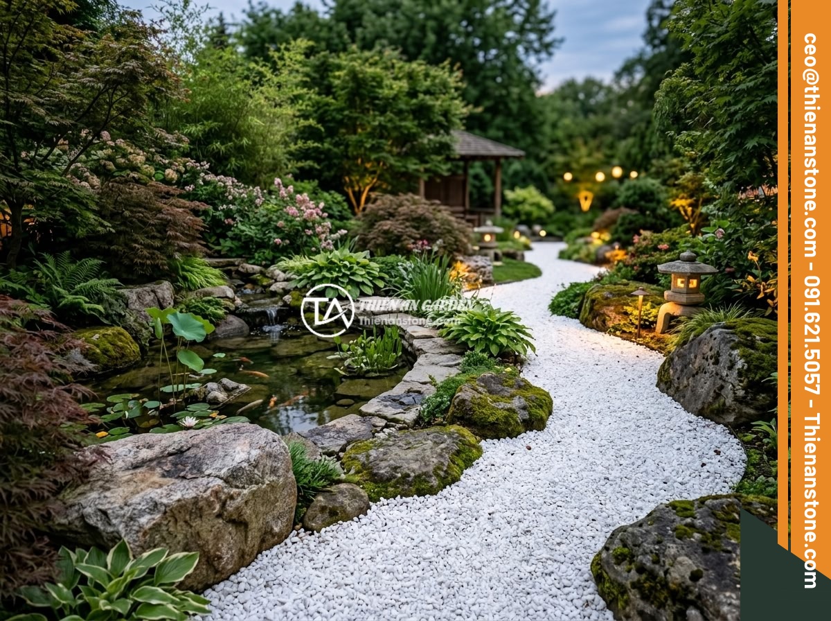 Đá thạch anh vụn trắng - Hình 7 Đá thạch anh vụn trắng - A feng shui garden layout showing white crushed quartz stone representing the Me