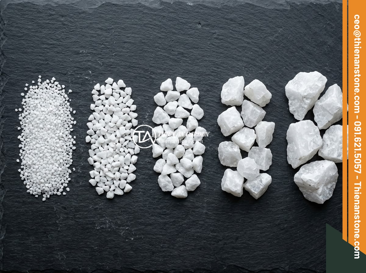 Đá thạch anh vụn trắng - Hình 8 Đá thạch anh vụn trắng - A flat lay arrangement of different sizes of white crushed quartz stones, from f