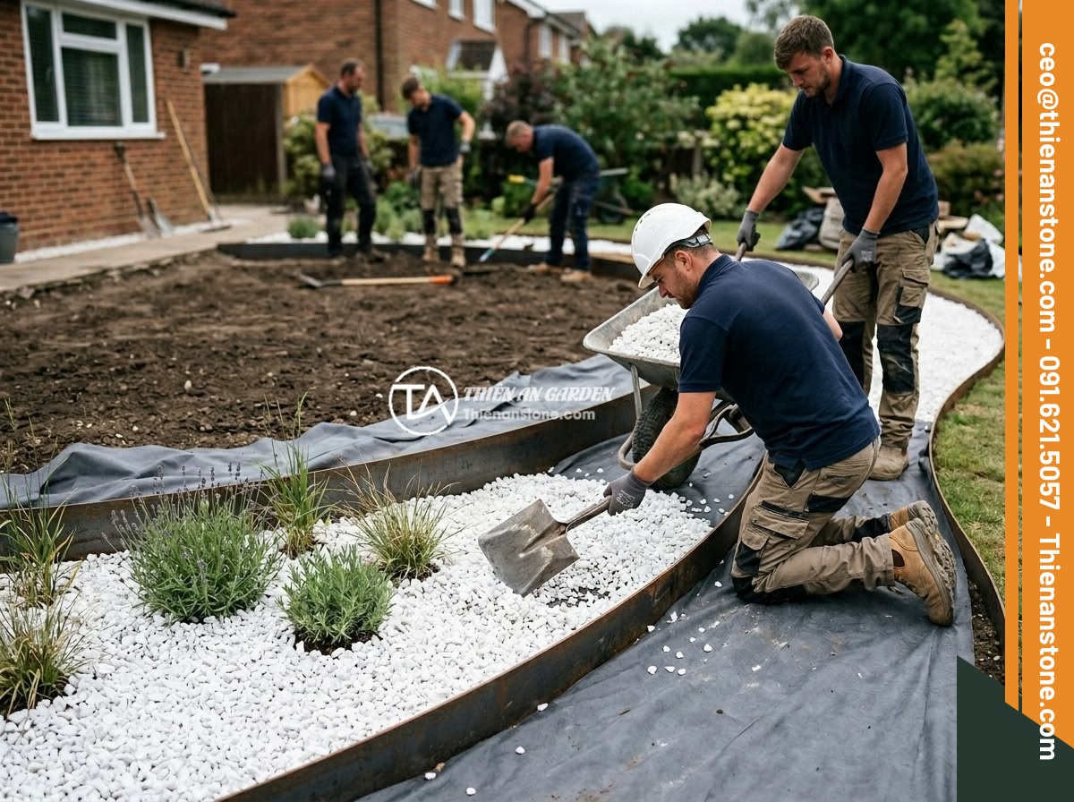 Đá thạch anh vụn trắng - Hình 9 Đá thạch anh vụn trắng - Step-by-step garden construction process showing ground preparation, geotextile