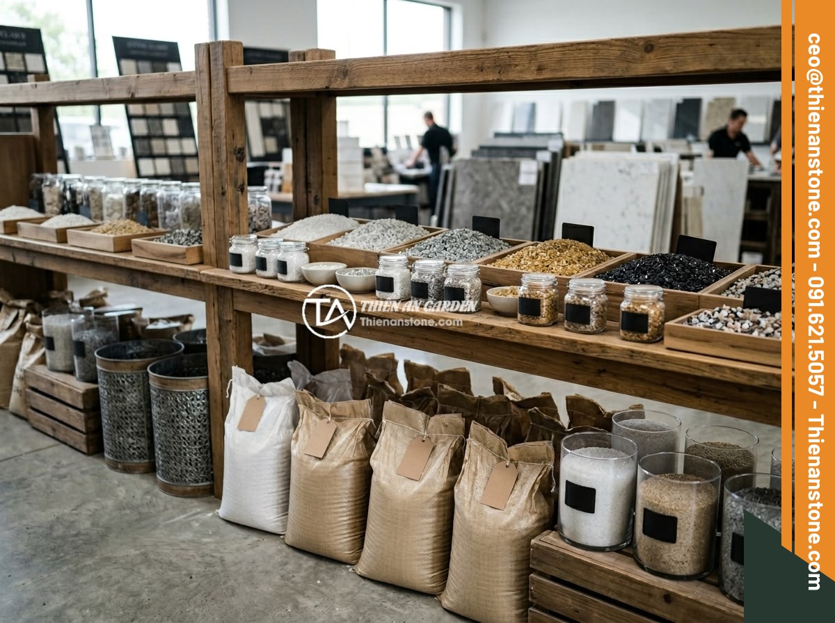 Đá Thạch Anh Vụn Trong Thiết Kế Nội Thất - Ý Tưởng Mới Cho Không Gian Hiện Đại - A professional stone supplier showroom displaying various crushed quartz product