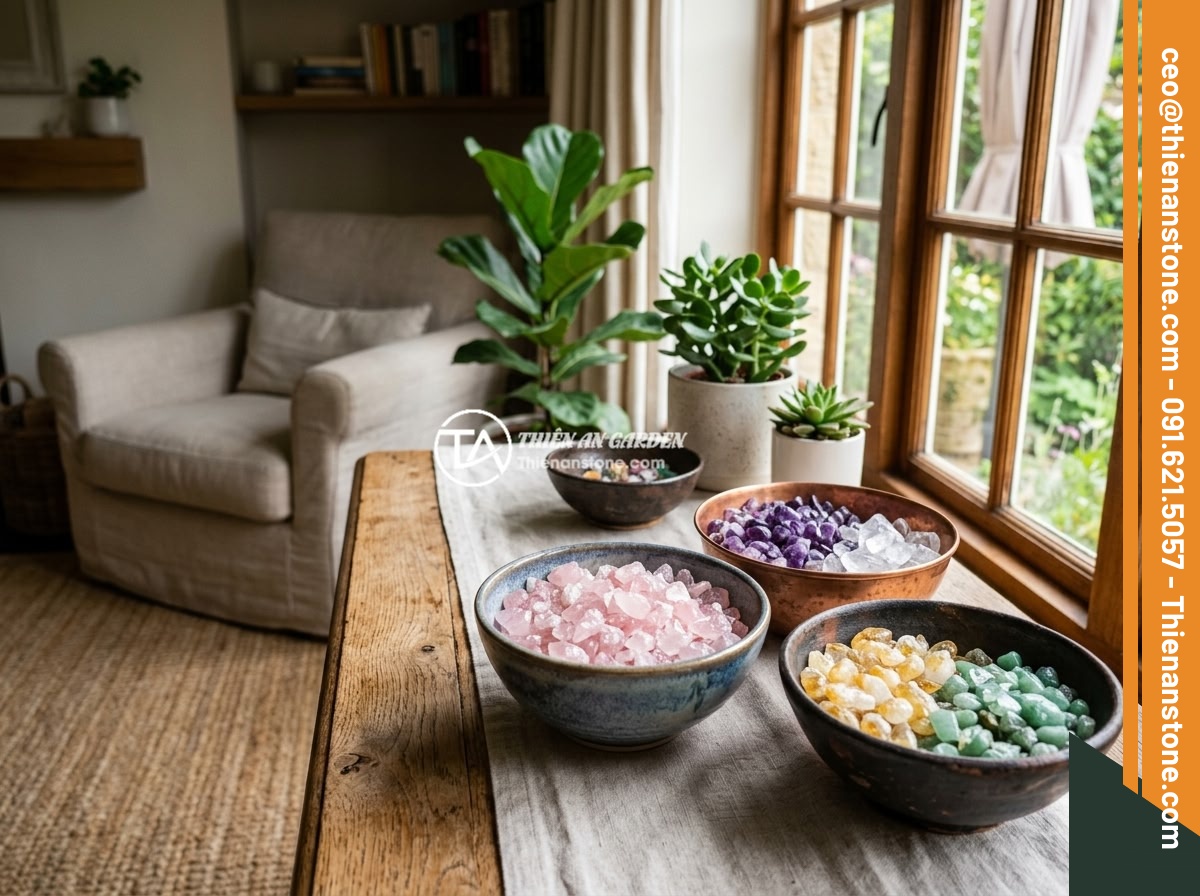Đá Thạch Anh Vụn Trong Thiết Kế Nội Thất - Ý Tưởng Mới Cho Không Gian Hiện Đại - A feng shui arrangement of crushed quartz stones in a living room setting, with 