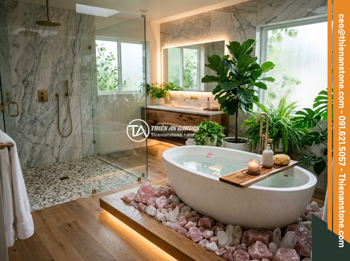 Đá Thạch Anh Vụn Trong Thiết Kế Nội Thất - Ý Tưởng Mới Cho Không Gian Hiện Đại - A luxurious home spa bathroom featuring crushed quartz stone flooring in the sho