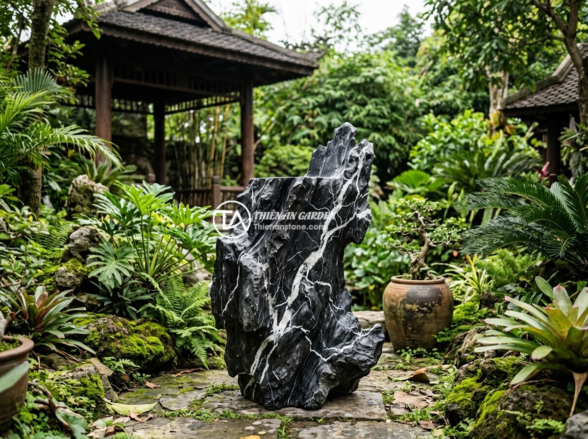 Đôn kê cây đá lũa đen - A large black driftwood stone pedestal displayed in a traditional Vietnamese gar