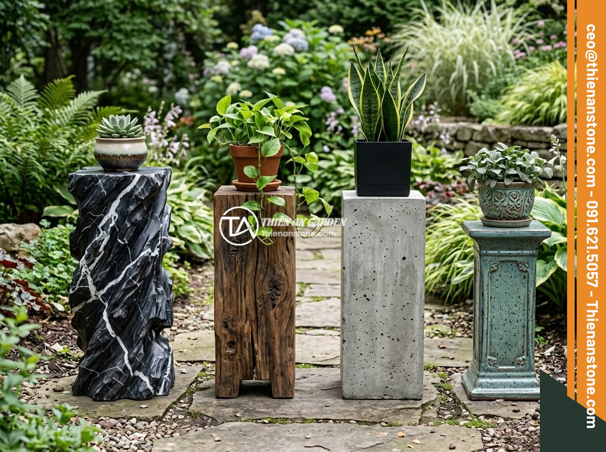 Đôn kê cây đá lũa đen - Hình 10 Đôn kê cây đá lũa đen - Comparison display of four different plant pedestals side by side - black driftw