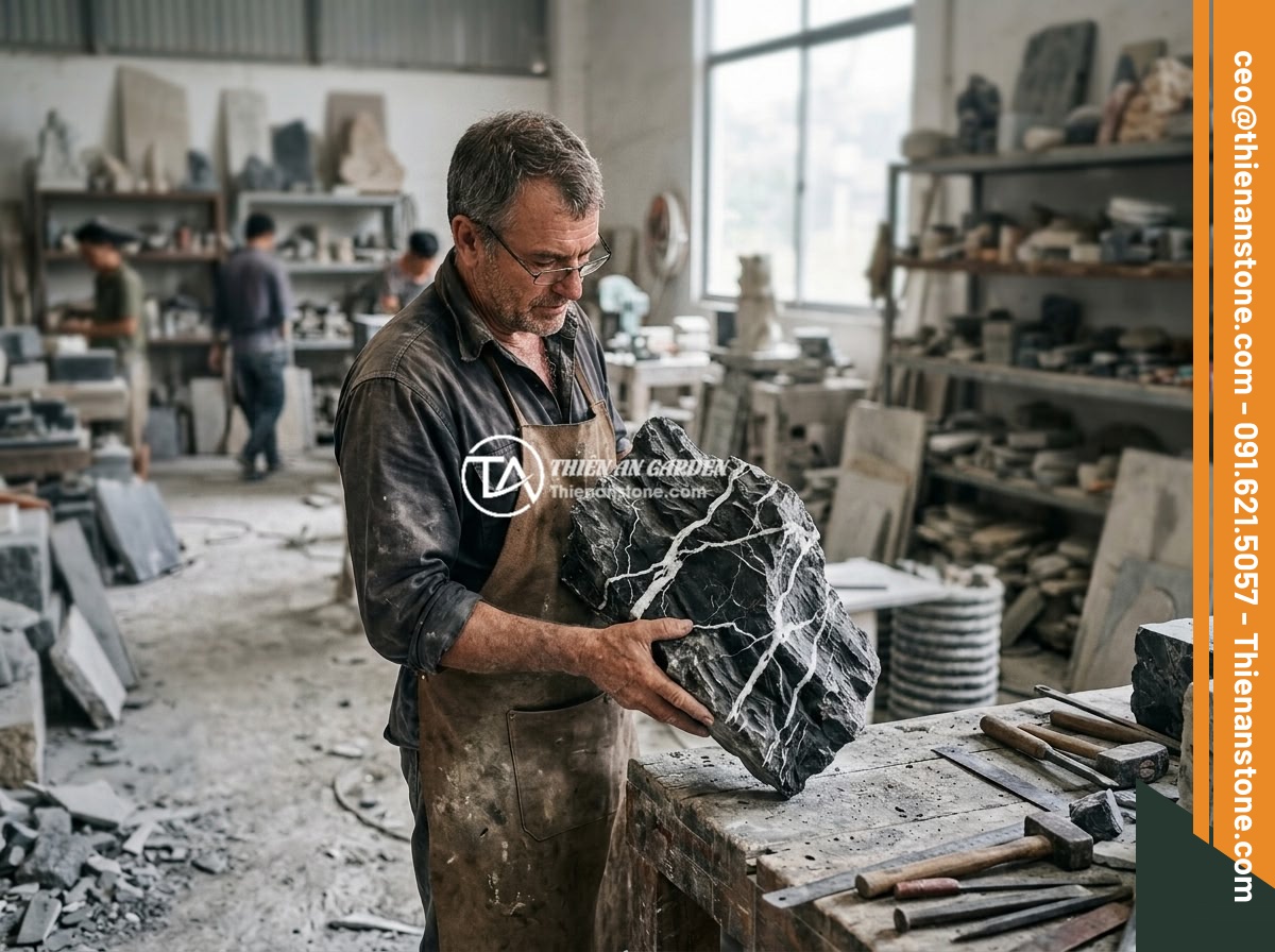 Đôn kê cây đá lũa đen - Hình 12 Đôn kê cây đá lũa đen - Artisan craftsman carefully examining and selecting a raw black driftwood stone