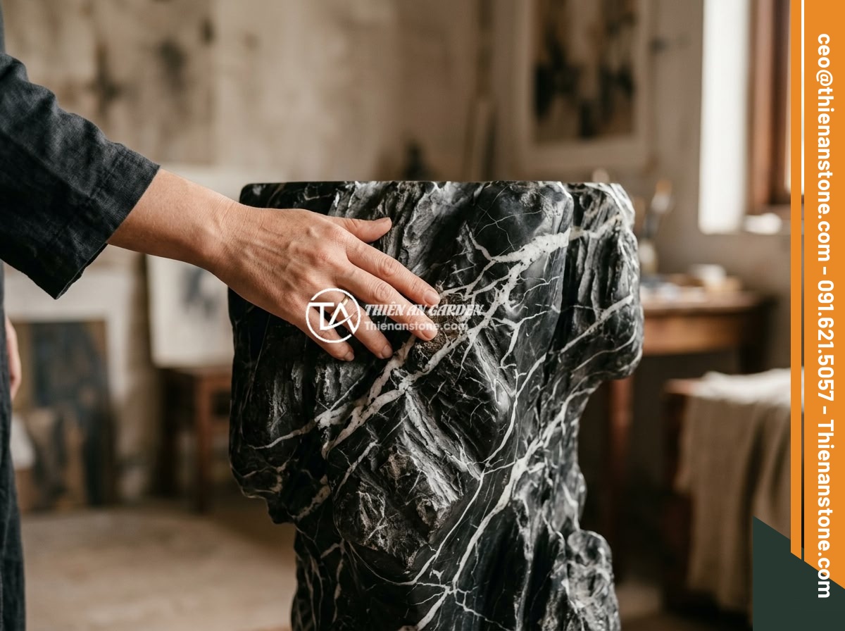 Đôn kê cây đá lũa đen - Hình 4 Đôn kê cây đá lũa đen - A person gently touching the surface of a black driftwood stone pedestal, showin