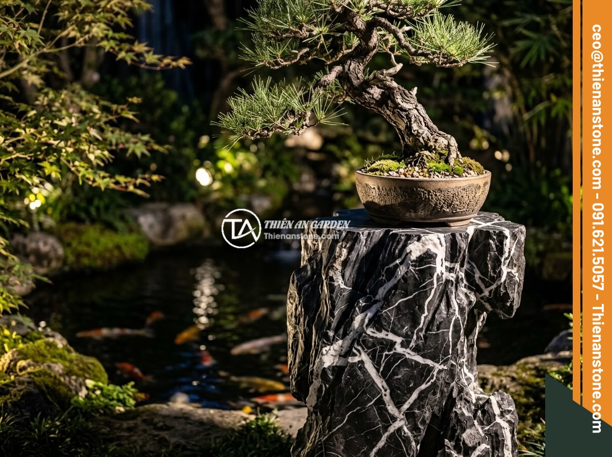 Đôn kê cây đá lũa đen - Hình 5 Đôn kê cây đá lũa đen - A black driftwood stone pedestal with a bonsai tree illuminated by warm garden s