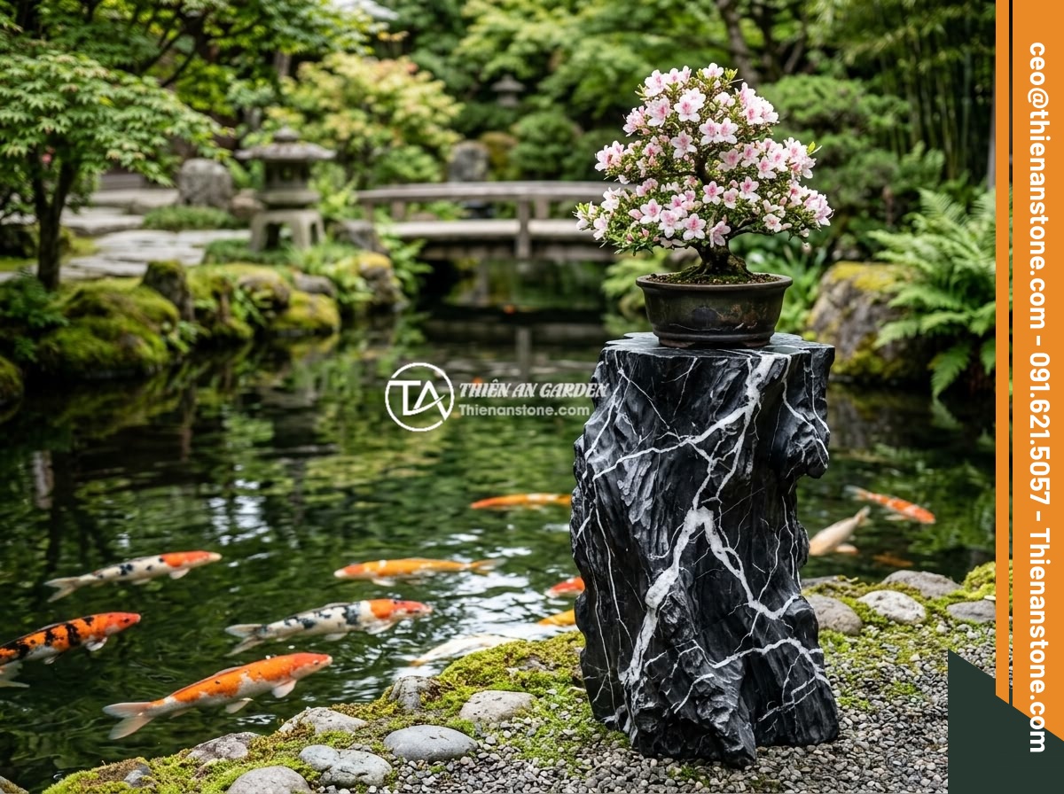 Đôn kê cây đá lũa đen - Hình 6 Đôn kê cây đá lũa đen - A black driftwood stone pedestal placed beside a Japanese koi pond in a luxury g