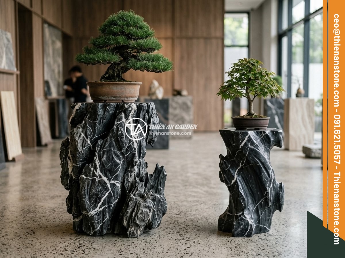 Đôn kê cây đá lũa đen - Hình 8 Đôn kê cây đá lũa đen - Two black driftwood stone pedestals of different sizes displayed side by side, o