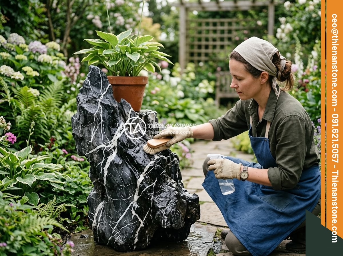 Đôn kê cây đá lũa đen - Hình 9 Đôn kê cây đá lũa đen - A garden worker gently cleaning a black driftwood stone pedestal with a soft bru