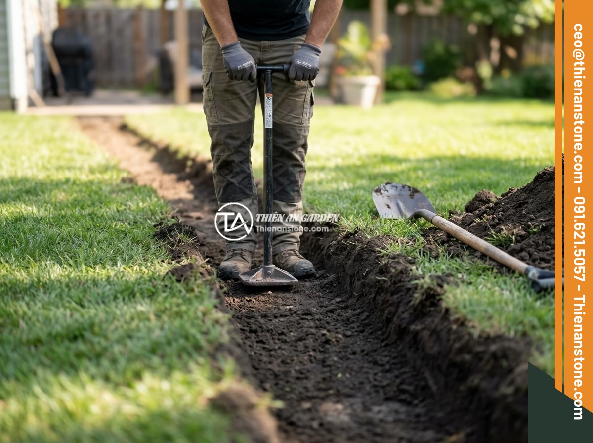 Giá Đá Thạch Anh Vụn 2026 - Bảng Giá Cập Nhật Mới Nhất Theo Loại Và Số Lượng - Step by step installation process of crushed quartz stone in a garden pathway, s