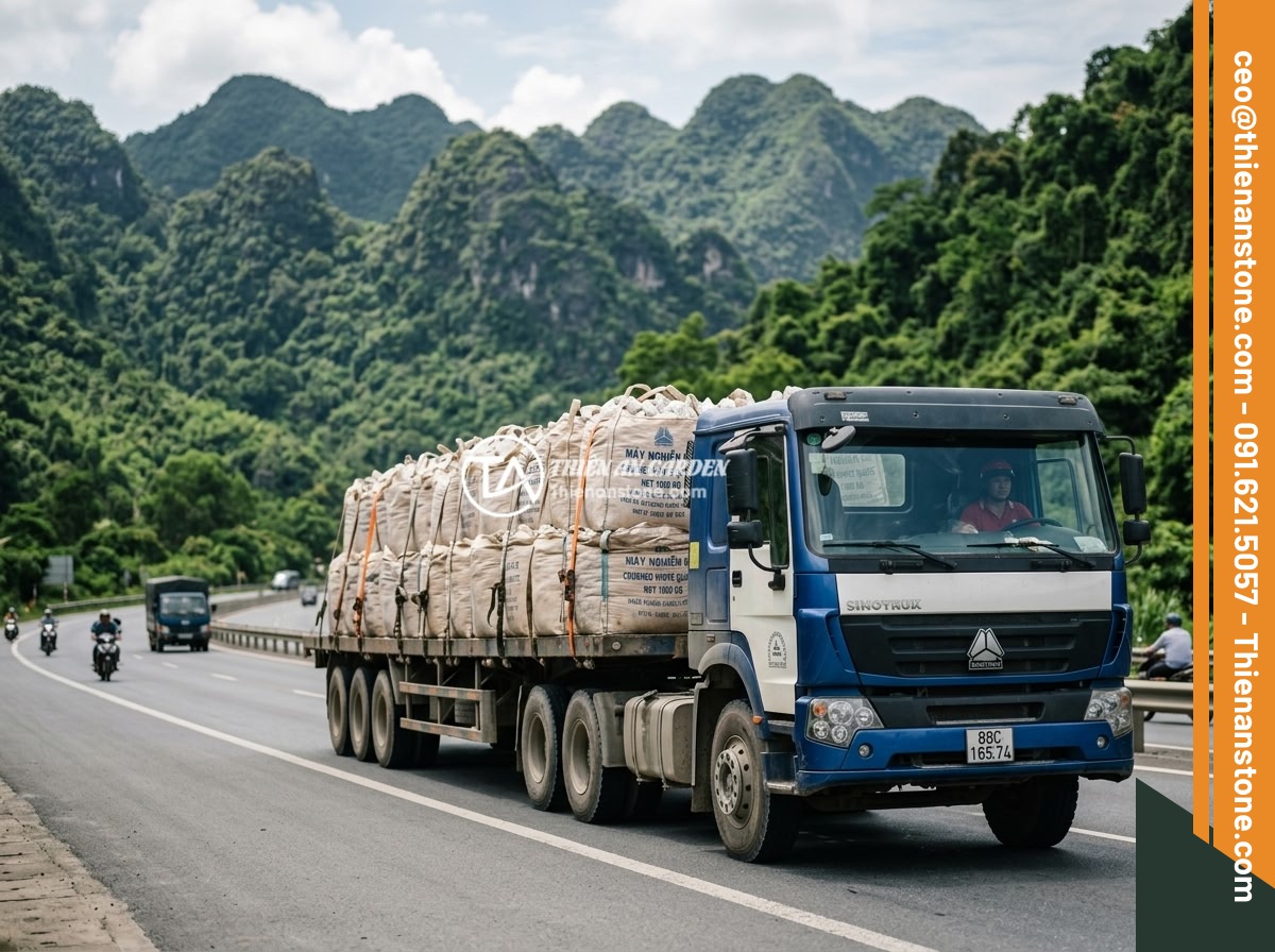 Giá Đá Thạch Anh Vụn 2026 - Bảng Giá Cập Nhật Mới Nhất Theo Loại Và Số Lượng - A logistics truck loaded with large bags of crushed white quartz stone being tra