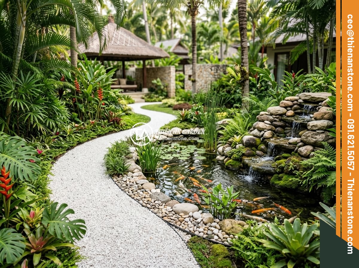 Giá Đá Thạch Anh Vụn 2026 - Bảng Giá Cập Nhật Mới Nhất Theo Loại Và Số Lượng - A stunning luxury resort garden featuring crushed white quartz pathways winding 