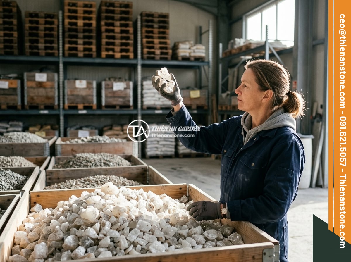 Giá Đá Thạch Anh Vụn 2026 - Bảng Giá Cập Nhật Mới Nhất Theo Loại Và Số Lượng - A customer inspecting crushed quartz stones at a stone supply warehouse, holding