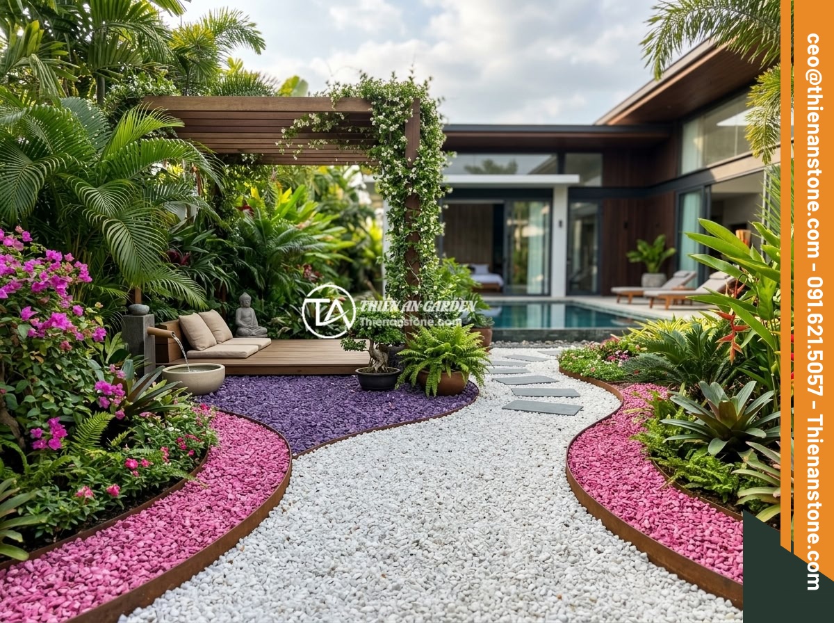 Giá Đá Thạch Anh Vụn 2026 - Bảng Giá Cập Nhật Mới Nhất Theo Loại Và Số Lượng - A modern luxury villa garden in Vietnam showcasing 2026 design trends with multi