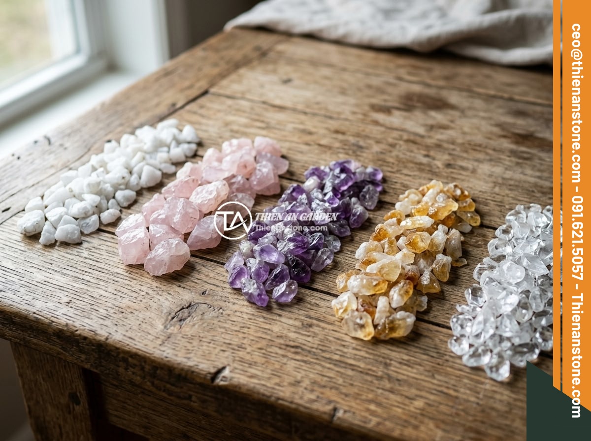 Hướng Dẫn Chọn Mua Đá Thạch Anh Vụn Chất Lượng Cao - Tránh Hàng Kém - Various types of crushed quartz stones displayed on a wooden table, including wh