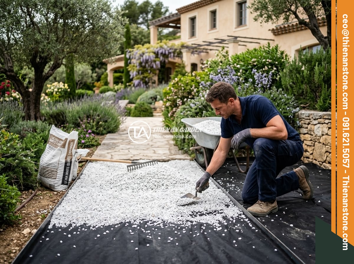 Hướng Dẫn Chọn Mua Đá Thạch Anh Vụn Chất Lượng Cao - Tránh Hàng Kém - Professional landscaper carefully laying crushed quartz stones over geotextile f