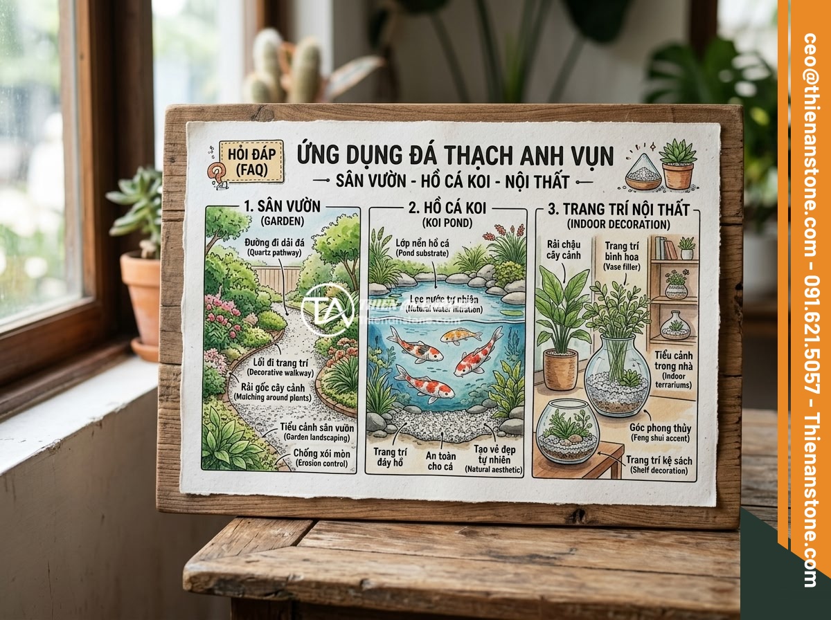 Hướng Dẫn Chọn Mua Đá Thạch Anh Vụn Chất Lượng Cao - Tránh Hàng Kém - FAQ section illustration showing various applications of crushed quartz stones i