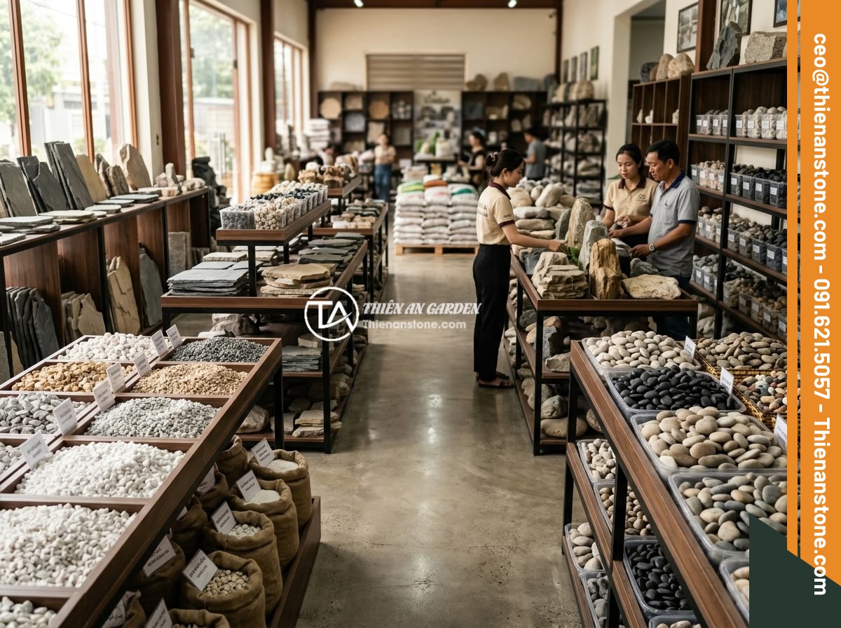 Hướng Dẫn Chọn Mua Đá Thạch Anh Vụn Chất Lượng Cao - Tránh Hàng Kém - Showcasing Da Canh Thien An stone supply showroom with organized displays of var