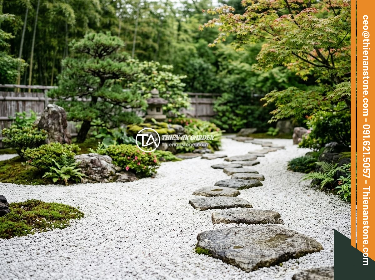 Hướng Dẫn Chọn Mua Đá Thạch Anh Vụn Chất Lượng Cao - Tránh Hàng Kém - Beautiful zen garden with high-quality white crushed quartz stones covering the 