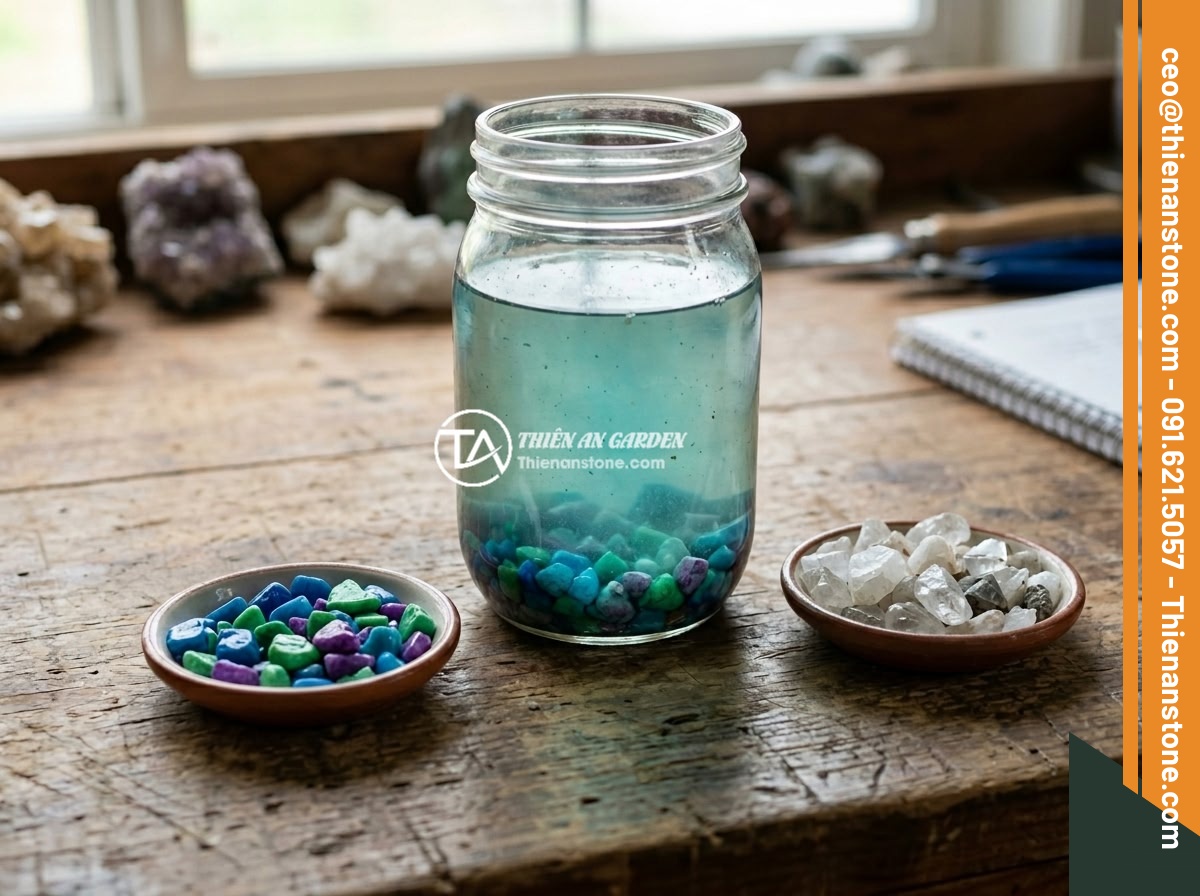 Hướng Dẫn Chọn Mua Đá Thạch Anh Vụn Chất Lượng Cao - Tránh Hàng Kém - Exposing fake crushed quartz stones showing dye residue in water after soaking t