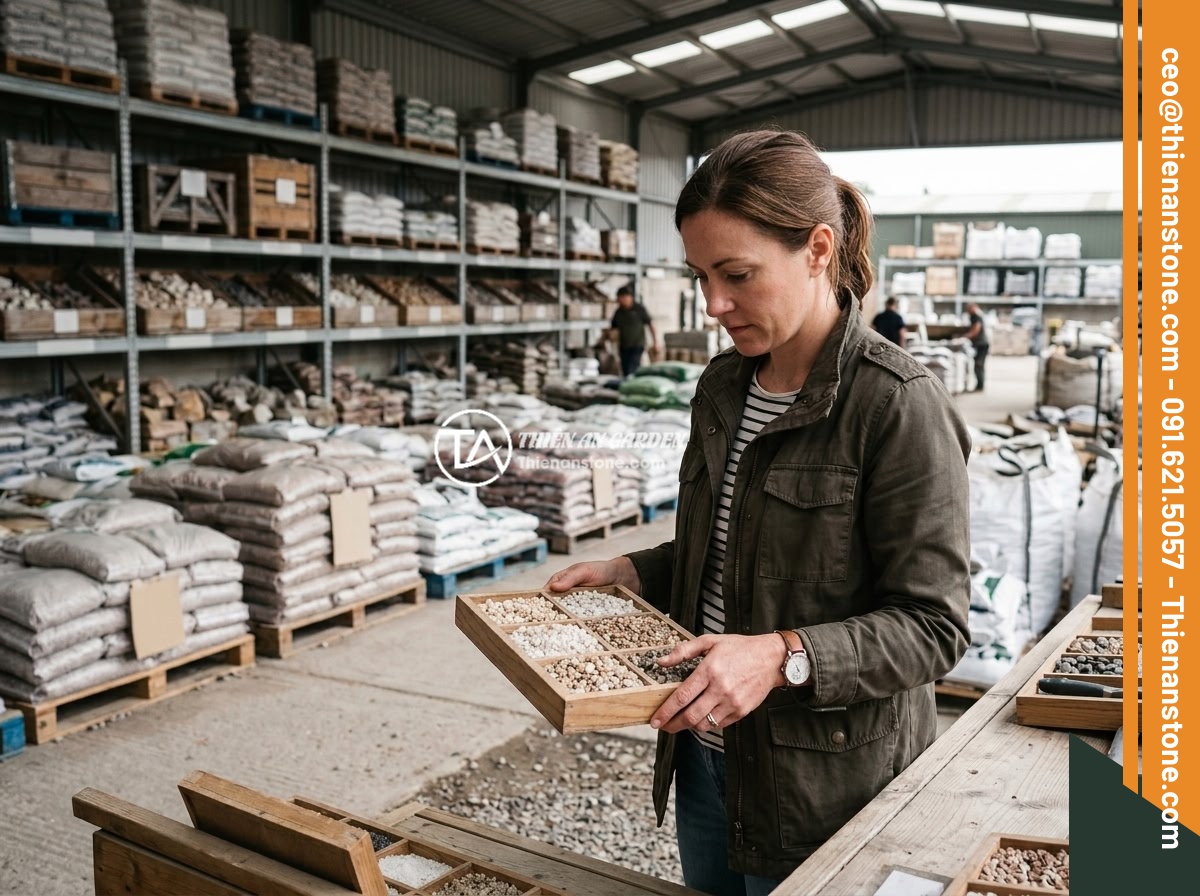 Hướng Dẫn Chọn Mua Đá Thạch Anh Vụn Chất Lượng Cao - Tránh Hàng Kém - Customer inspecting sample of crushed quartz stones at a stone yard, examining q