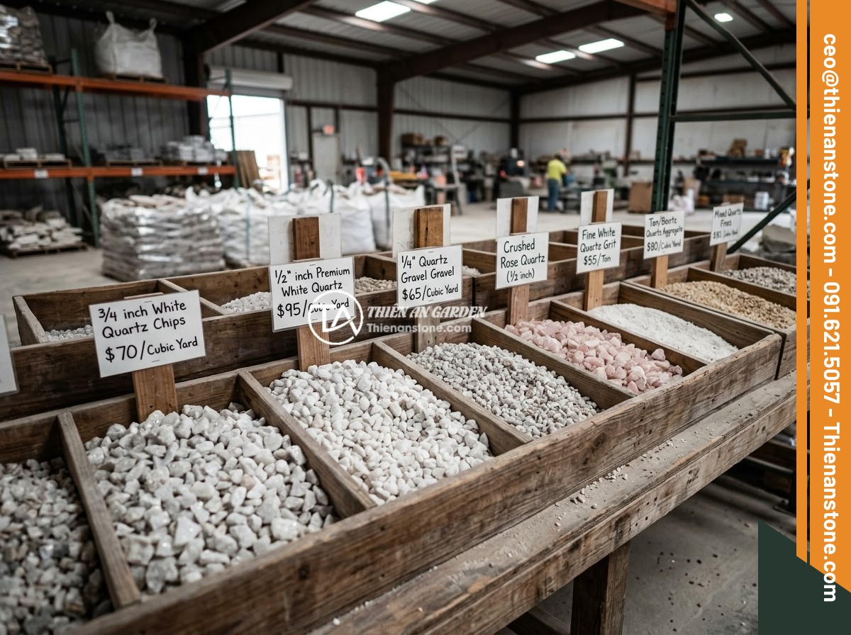 Hướng Dẫn Chọn Mua Đá Thạch Anh Vụn Chất Lượng Cao - Tránh Hàng Kém - Organized display of different grades and sizes of crushed quartz stones with pr