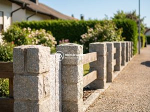 Hướng Dẫn Đo Đạc Và Lắp Đặt Trụ Đá Hàng Rào Chuẩn Xác - Natural stone fence pillars installed along a residential property boundary, sho